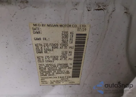 2019 Nissan Murano Sl z USA, uszkodzony, nr VIN 5N1AZ2MS2KN160738